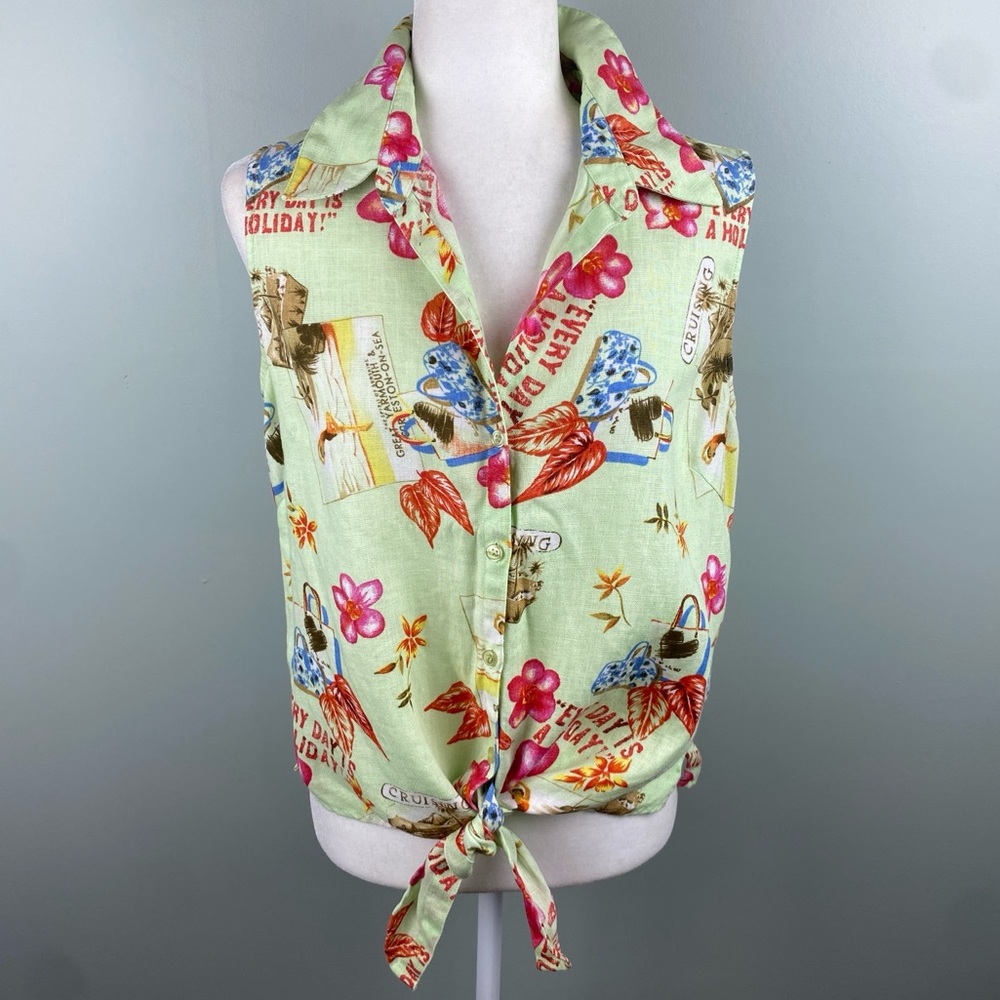 Dandy Linen Novelty retro vacation postcard print button down blouse Large